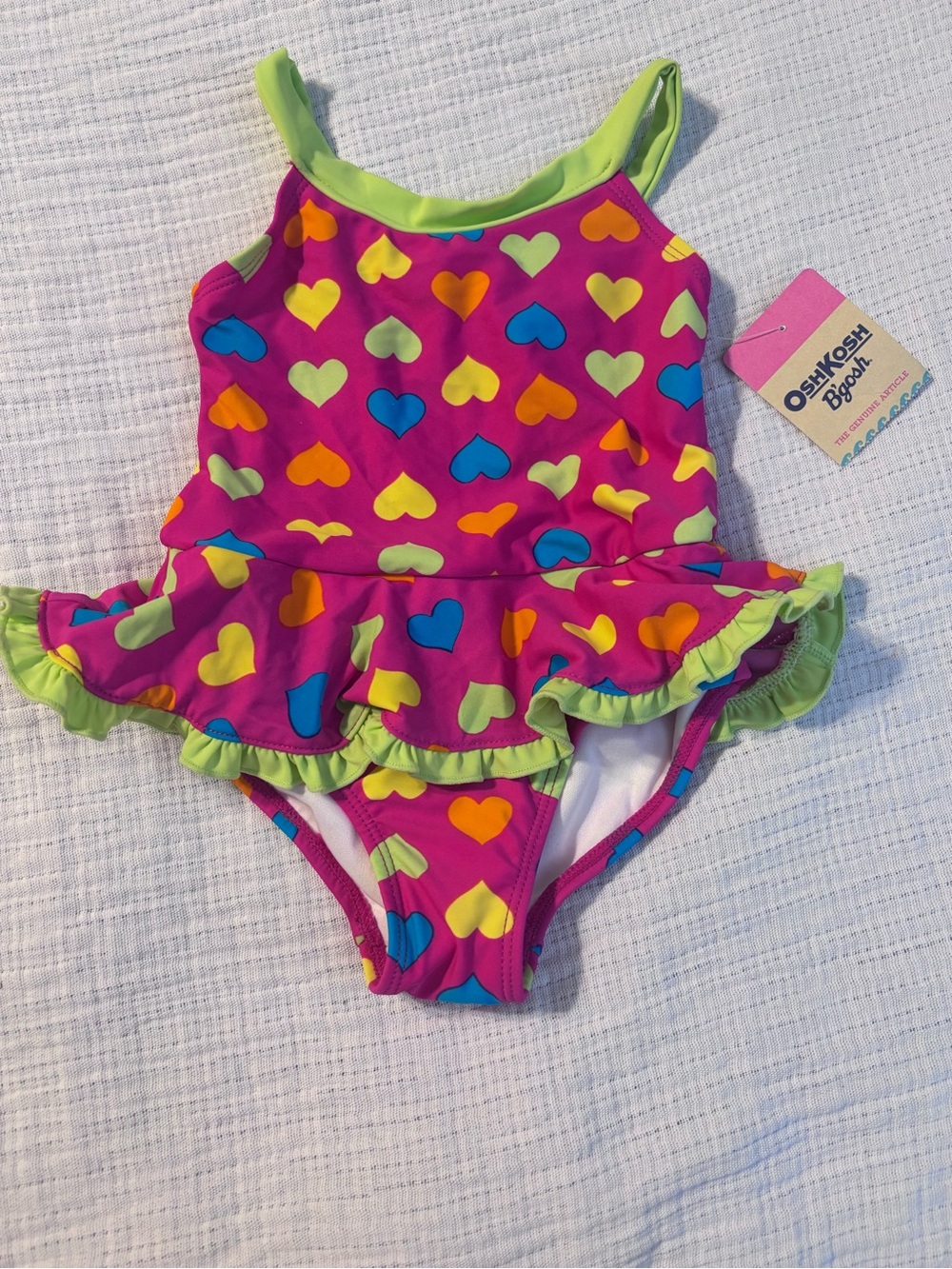 OshKosh B'gosh Hot Pink Heart Print Ruffle One-Piece Swimsuit with Lime Trim
